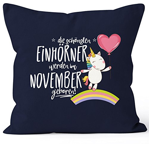 MoonWorks Kissenbezug die schönsten Einhörner Werden im November geboren 40x40 Baumwolle Geschenk Geburtstag Unicorn Navy 40cm x 40cm