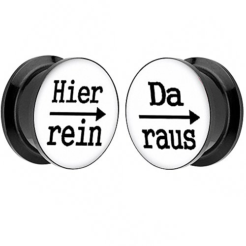 Piersando 1 Paar 2er Set Ohr Plug Piercing Kunststoff Flesh Tunnel Ohrplug mit Hier rein Da raus Spruch Schwarz Motiv Comic Picture Weiß 10mm