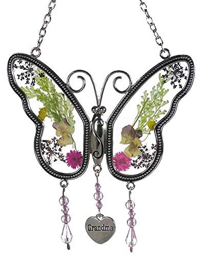 Kaka Store - Acchiappasole a forma di farfalla con ali con fiori pressati, con ciondolo a forma di cuore con incisa la parola Mom