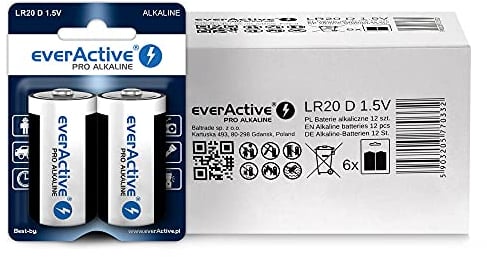 everActive Batterie D, confezione da 12 pezzi, Pro alcaline, Mono LR20 R20 1,5 V, massima potenza, durata 10 anni, 12 pezzi, 6 blister