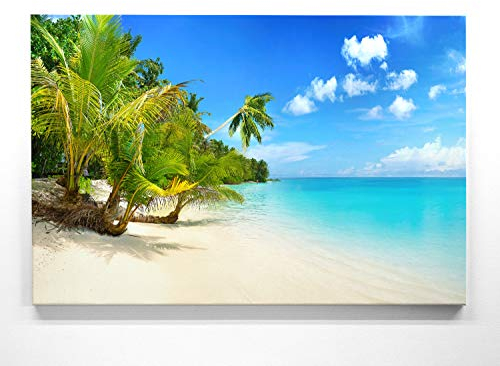 Atemberaubendes Bild Strand & Palmen Malediven - als 120x80cm große XXL Leinwand. Tolles Wandbild als Hintergrund und Deko für Wohnzimmer & Schlafzimmer. Fertig aufgespannt auf 4cm Holz-Keilrahmen
