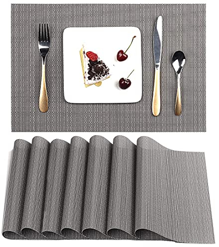 Myir JUN Tischsets Abwaschbar 8er Set, Gewebte Platzdeckchen rutschfest Abgrifffeste Hitzebeständig, Vinyl Platzsets Abwaschbar für küche Speisetisch Hotel, Platz-Matten30x43.5cm (Grau)