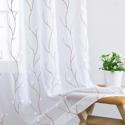 TOPICK Gardine mit Ösen Sheer Vorhang Voile Blumen Stickerei Fenstervorhang Transparent Gaze Gestrickt Gardine Paarig Fensterschal für Wohnzimmer Schlafzimmer Balkontür H175 x B140 (cm) Weiß