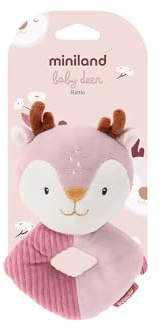 Miniland Peluche bebé sonajero para neonato suave de tela rosa | Ciervo | ligero y fácil de agarrar, estimulación sensorial temprana, ideal como regalo para recién nacido