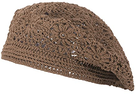 ZLYC Damen Baumwolle Häkelmütze Barette Handgemacht Retro Aushöhlen Strickmütze Frühling Sommer Leicht Elegant Baskenmützen (Schlichtes Braun),Einheitsgröße