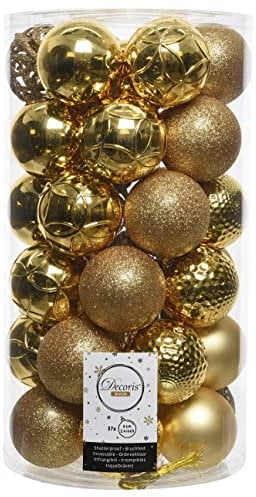 dekorativer bruchfester Kugelmix als 37er Set Weihnachtskugeln Baumkugeln bruchfest für innen und außen Durchmesser 6 cm in verschiedenen Oberflächen und Mustern (Gold)