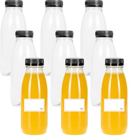TEC Juice Bottles with Lids 500ml UK Made 30% Recycled PET Plastic Empty Clear Round Small Drink Reusable for Fridge Kids Adults Water Milk Lunchboxes Juicing Pack Multipack in Bulk