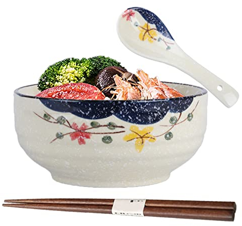 Cuencos De Ramen,Cuenco de Cerámica para Ramen,Cuencos de Ramen Retro con Palillos y Cucharas,Grande Ensaladera,Bol de Sopa de Ramen Japonés para Pasta,Ensalada
