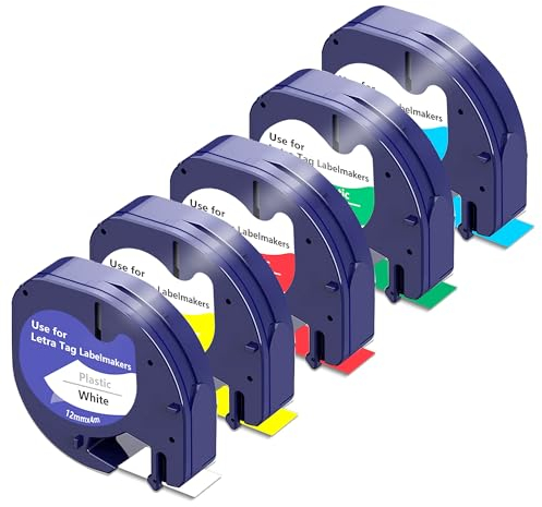 5x BEYONDTEK Kompatibel mit Dymo Letratag Etikettenband 12 mm x 4 m 91221/91222 / 91223/91224 / 91225 Ersatz für Dymo Letratag Beschriftungsgerät XR LT-100H LT-100T LT-200B XM QX50 2000