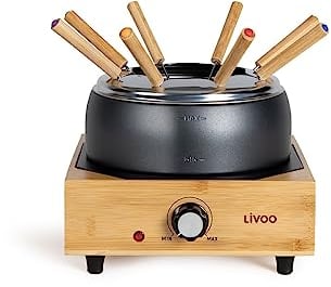 Livoo – Service à Fondue électrique DOC287 – Capacité : 2 L – pour 8 Personnes – Puissance : 800 W – Caquelon en Acier avec Revêtement antiadhésif - Support en bambou – Plaque chauffante en aluminium