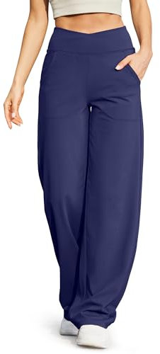 G4Free Yogahose Damen Lang Weite Jogginghose Hohe Taille Crossover Elegant Straighthose Bauchkontrolle Schlaghose Sporthose mit Taschen(Blau,L)
