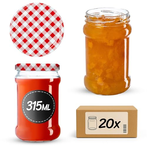 KADAX 20st Einmachgläser 315 ml mit fi66 mm Schraubdeckel für Honig, Dessert, Marmeladen | Luftdichte Gläschen, Einmachglas, Rundgläser, Konfitürengläser, Honiggläser (20 Stück, Rot kariert)