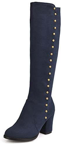 Diuniarza Stivali Alti Al Ginocchio da Donna con Tacco Largo, Stivali da Vestito Classico Zip Stivali Alti Tacco Alto Punta Rotonda Rivetti, 10901Olr Blu Numero 42 EU