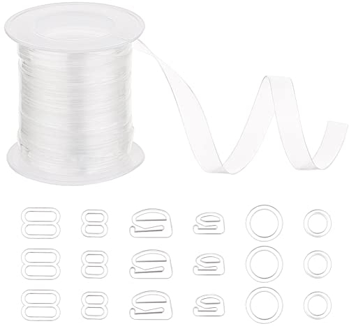 nbeads 10m Klar Elastisches Riemen mit BH Ringe, 8mm Breite Gummilitze Transparent Elastic Strap Verstellbare BH-Träger Kabel mit 180 Stück 6 Stile Einstellung BH Träger Haken für BH Nachthemden