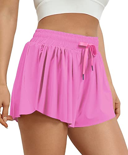VIGVAN Shorts Damen Sommer Sport Shorts Kurze Hose 2 in 1 Flowy Running Shorts Yoga Biker Shorts Schnelltrocknende Gym Fitness Shorts Sportrock Damen (Rosa, L)