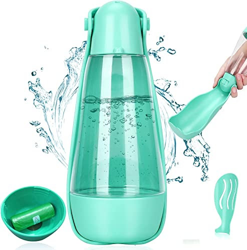 Petsoigné Gourde multifonction pour chien, avec bac à sac poubelle et pelle cachée, gourde pour animaux de compagnie, chien, chat, voyage, portable, verte