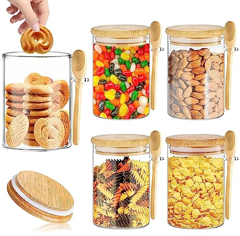 KARBAG 4PCS Glass Jars with Airtight Lid & Spoon, 530ml Glass Kitchen Storage Jars Clear Airtight Food Storage Jars Containers Overnight Oats Containers for Coffee,Sugar, Bath Salt, Pasta,Lentils