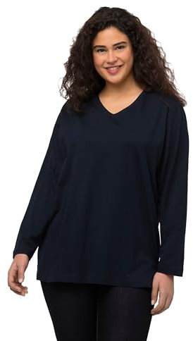 Ulla Popken Maglietta Basic a V a Maniche Lunghe, Blu/Nero, 56-58 Donna