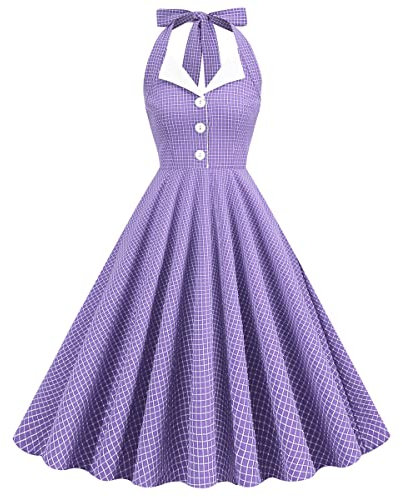IWEMEK Robe Année 1950 Femme Vintage 50 60 Pin Up Audrey Rockabilly Swing Col Licou Dos Nu Trapèze au Genou Robes Cocktail sans Manche Soirée Fête Mariage Cérémonie #C: Violet Treillis S
