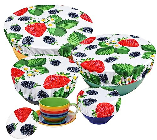 PHOGARY 5 Couvercles de Bol Réutilisables, Couvercles en Tissu Imperméables pour Le Bol à Salade en Verre, Le Pot, Les Melons (Fit 2.7-14 Pouces), la Bordure Élastique (Motif de Fraises)