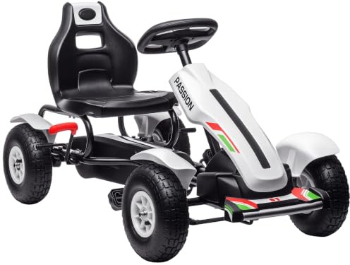 HOMCOM Go Kart a Pedales Asiento Ajustable de +5 Años 121x58x61 cm Blanco | Coche de Pedales Infantil, Asiento Ajustable, Neumáticos de Goma, Freno de Mano, para Niños y Niñas