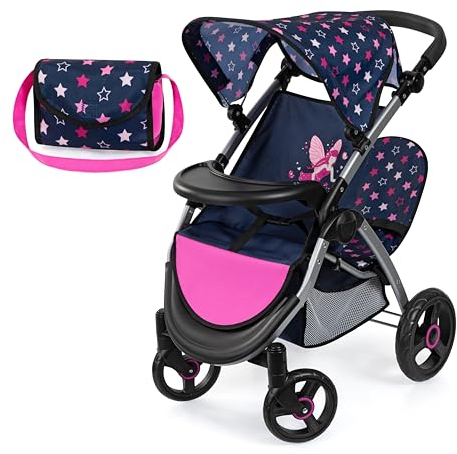 Bayer Design 39416AA Landau Jumeaux pour poupée, Poussette Double, réglable, Panier intégré, Sac à bandoulière, Bleu, Rose, Étoiles