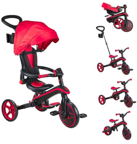 Globber - Tricycle Explorer 4 en 1 - Tricycle Pliable et évolutif en draisienne pour Les Tout-Petits de 10 Mois à 5 Ans - Rouge
