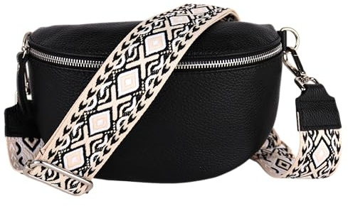 MIRROSI® Bauchtasche Damen, Echtleder, Made in Italy, Umhängetasche, Brusttasche, Crossbody Bag (1 Tasche & 2 Gurte) (Schwarz (Rauten Schwarz Beige), Mittelgroße Tasche (25x16x7cm))