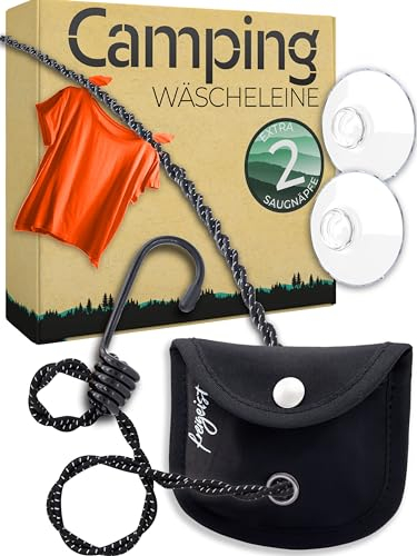 Wäscheleine Camping mit Saugnapf + Haken - 3m | Das perfekte Reise-Zubehör und Reise Must Have | Reisewäscheleine, Wäscheleine Reise | Wäsche Trocknen bei Backpacking, Outdoor, Wandern, Camping Gadget
