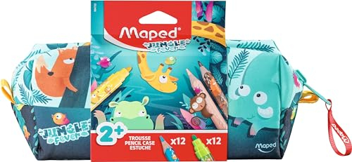 Maped - Trousse en Tissu Lavable JUNGLE FEVER Early Age pour Enfants - Avec outils de coloriage - 12 Crayons de Couleur + 12 Feutres - Dès 2 ans