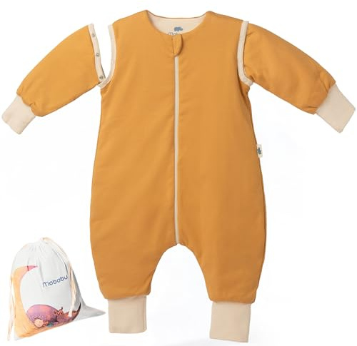 Mababu Ganzjahres Baby Schlafsack mit Füßen & abnehmbaren Ärmeln - 1.5 TOG - 100% GOTS Bio-Baumwolle - Ganzjähriger Kinderschlafsack mit Füßen- umklappbare Bündchen - Karamell, 90cm