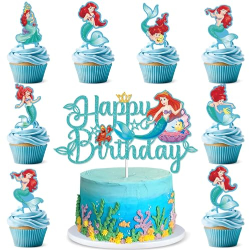 Lahe Tortendeko Geburtstag, Meerjungfrau Kuchen Deko, Meerjungfrau Happy Birthday Tortendeko, Meerjungfrau Prinzessin Cake Topper Geburtstag für Mädchen Party Dekoration zum Torten Deko (25 Stück)