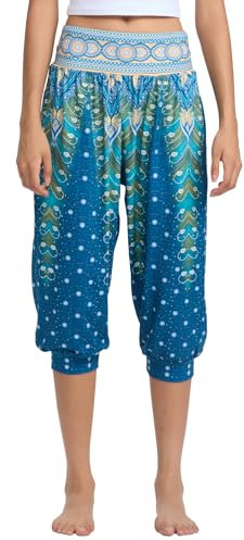 HAPYWER Haremshose Damen Kurz Yogahose 3/4 Lang Capri Sommerhose 3/4 Leicht Sporthose Strandhose Luftige Pumphose Aladinhose für Pilates Yoga S-2XL(Pfauenschwanz-blau,M