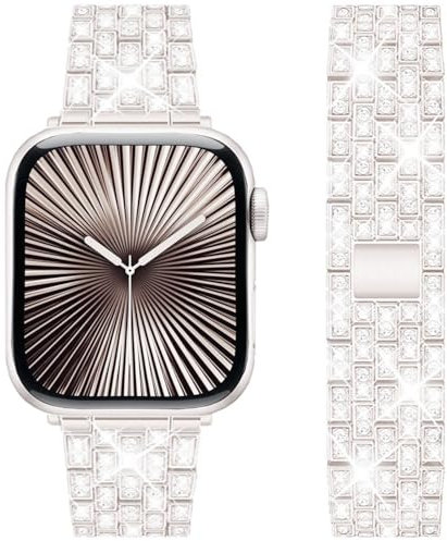 DEALELE Strap Compatible with Apple Watch 41mm 40mm 38mm, Bling Rhinestone Diamond Metal Replacement Bands for iWatch Series 9/8 / 7/6 / 5/4 / 3 / SE Women Men, 38/40/41mm, Starlight