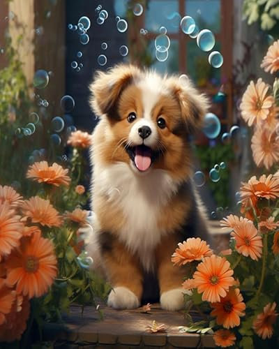 PIPISKY Paint by Number Kit for Adults,Puppy Playing with Soap Bubbles in The Garden,Complete Kit with Brushes & Canvas,40x50cm,Without Frame