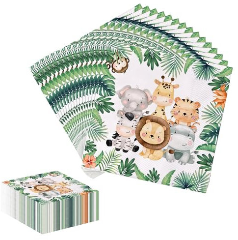 40 Pcs Serviette de Table Papier,33 x 33 cm Serviette Papier Anniversaire, Serviettes en Papier Party Animaux Enfants pour Serviette de Table personnalisée,Anniversaire de Animaux Serviettes Jungle