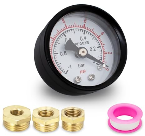 Innfeeltech 1 pz 40 mm Manometro per vuoto BSP 1/8“ -1~0 Bar -14~0 Psi con 3 pezzi boccola 1/8” a 1/4“, 1/8” a 3/8“ e 1/8” a 1/2” e un nastro di teflon, assiale