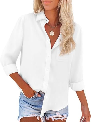 Friptspyg Bluse Damen Langarm Elegant Hemdbluse Lässiges Langbluse V-Ausschnitt Oversize Bluse Oberteile Tops mit Tasche,Weiß S