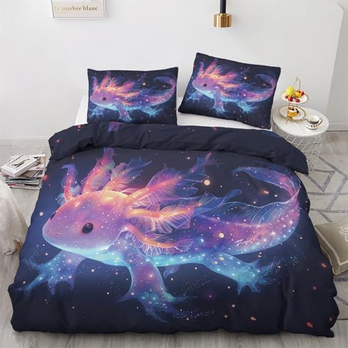 Bettwäsche 140x200 Axolotl Motiv - Bunte Tierfantasie Bettbezug und 1 Kissenbezug 70x90, Weiche Bügelfreie Mikrofaser Deckenbezug 2er Set mit Reißverschluss, Wendebettwäsche & Deko M&-1989