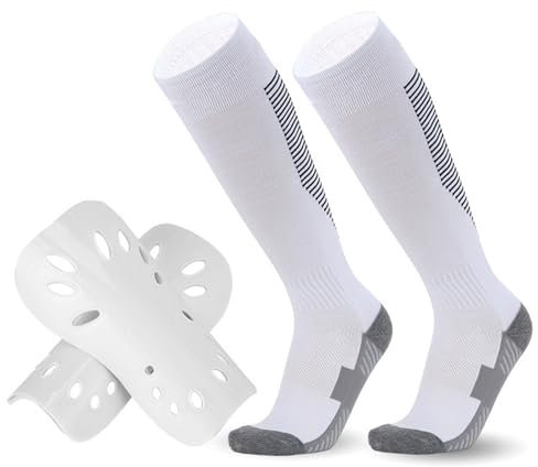 Fußballstutzen kinder, Schienbeinschoner fußballstutzen set, Atmungsaktiv fussball socken kinder, Elastisch Trainingssocke mit Schienbeinschoner für Jungen Mädchen im Alter von 5–12 Jahren, Weiß