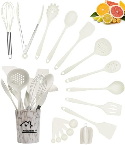 18 Pièces Ustensiles de Cuisine, Résistant à la chaleur,antiadhésif,Ustensiles de Cuisine en Silicone,Lavable au lave vaisselle,Set Ustensiles de Silicone,Set de cuisine avec Seau de Rangement(Blanc)