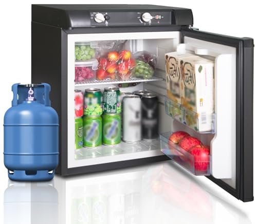 Techomey Gas Fridge 40L, 3 Way Fridge Camping for Campervan, Motorhome, Silent Gas Refrigerator 12V/24V/LPG, Black