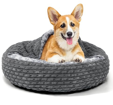 Heymamba Donut Dog Cat Bed Small Round Dog Bed, Cave Bed with Hooded for Medium Small Dogs, Pet Beds with Breathable Rose Fluff to Promote Sleep, Warm Puppy for Corgi, Chihuahua, 58x59x15cm