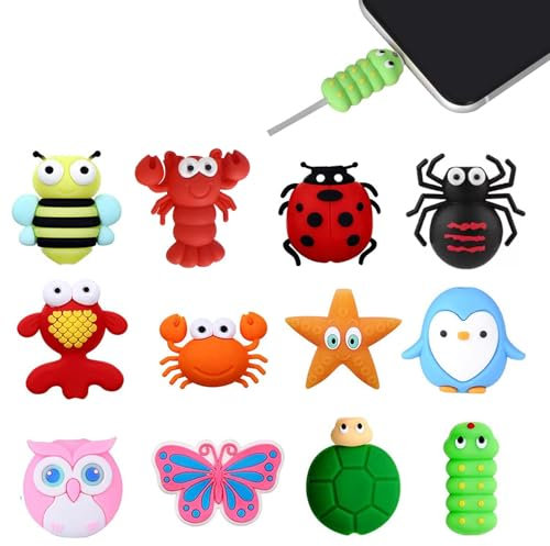 12 Stück Kabelschutz Tiere, USB Ladekabel Schutz, Kabelbruch Schutz, Tiere Kabel Silikon Protector, Ladekabel Saver, Kabelschutz Niedlichen Tierbeißen, für USB Ladekabelbruchschutz, iPad-Ladegeräte