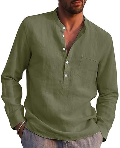 Rodawu Mens Linen Shirts Long Sleeve Casual Cotton Summer Beach Henley Shirt Tops Green XL