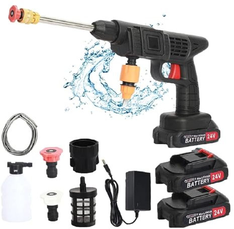 Kit de nettoyage à pression sans fil 24 V Batterie 1500 mAh 3 buses Nettoyeur haute pression portable pour voitures, sols et fleurs