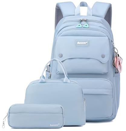 Juego de 3 mochilas y loncheras de color sólido para niñas, mochilas escolares, 3 piezas-Azul, Mediano, Moderno