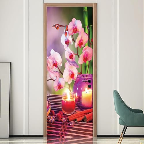 Tizhweqo Türtapete Selbstklebend 77x200 Orchidee Türfolie Türposter Kerze Fototapete Türklebefolie Wandbild Türaufkleber Wandtapete 3D Effekt für Wohnzimmer Schlafzimmer Küche a4114