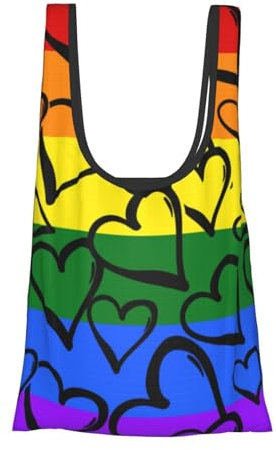 Tcoay Wiederverwendbare Einkaufstasche, Tragetasche, Canvas-Tasche, Lebensmitteltaschen, Mehrzweck-Schultertaschen aus Canvas,Gay Pride Regenbogenfarbene Herzen