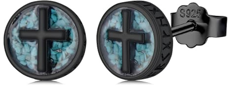 Midir&Etain Kreuz/Ankh/Frieden/Wikinger Ohrstecker für Herren Damen 925 Sterling Silber Schwarz Ohrringe mit Türkis Schmuck Geburtstags Vatertag Geschenk für Vater Jungen